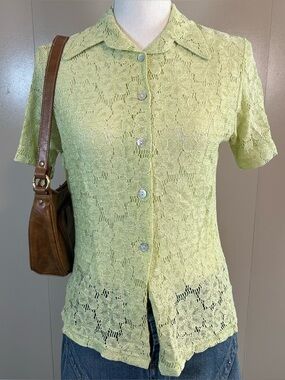Vintage David Benjamin Green Lace Collared Size 10 Button Up Blouse